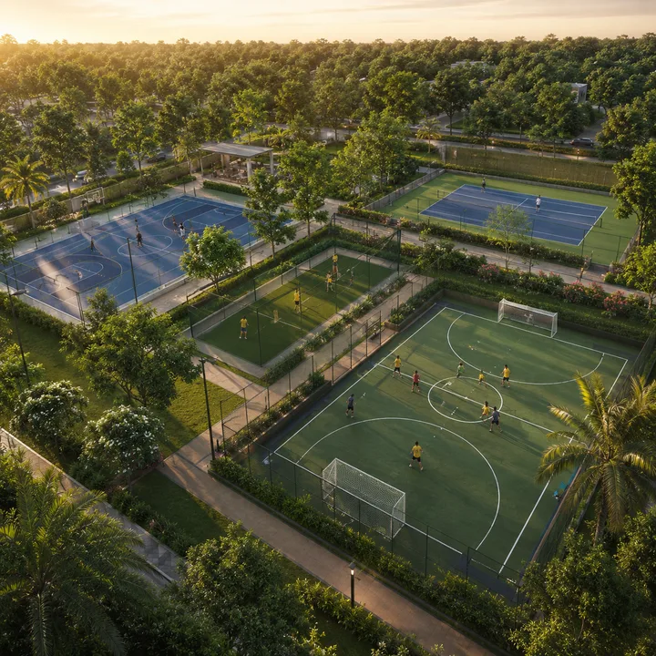 Revasa Là Valora sports park with futsal, tennis and basketball courts set within the greens