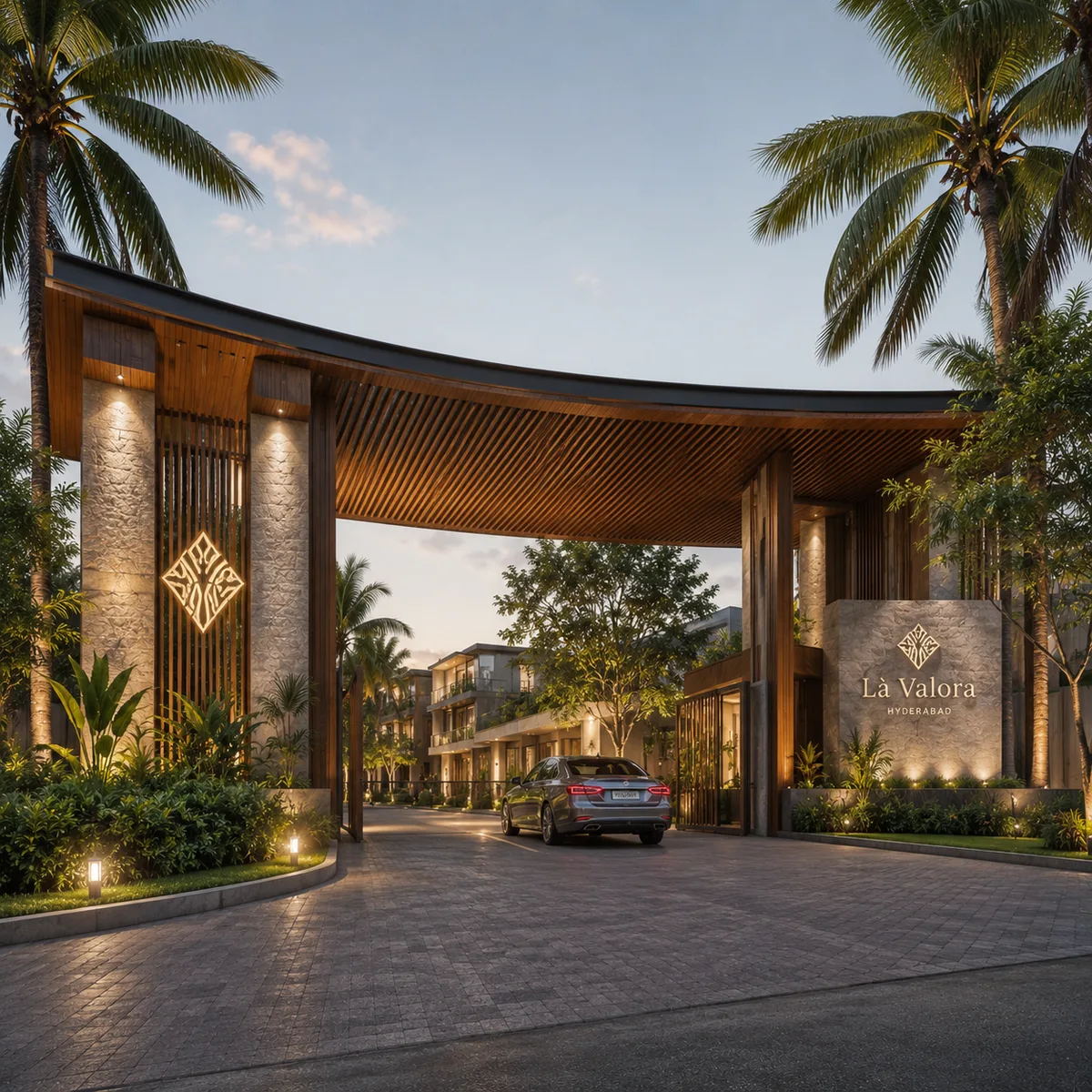 Revasa Là Valora arrival gateway and porte-cochère with the Là Valora monogram and landscaped entrance drive