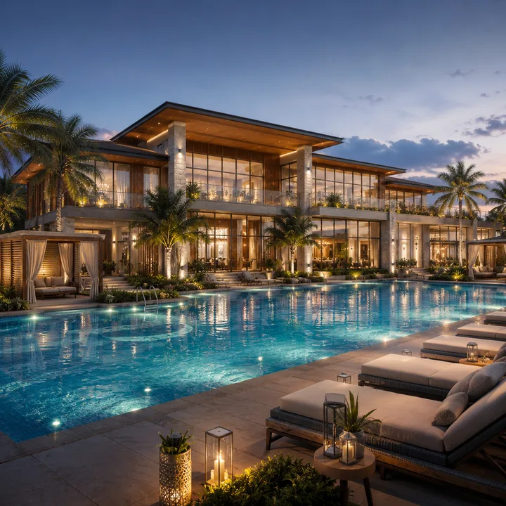 Revasa Là Valora 84,000 sq ft clubhouse and temperature-controlled swimming pool deck at dusk Revasa Là Valora 84,000 sq ft clubhouse and temperature-controlled swimming pool deck at dusk