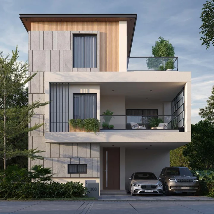 Revasa Là Valora G+2 villa front elevation with stone cladding, a timber-clad top floor, terrace and parking bay Revasa Là Valora G+2 villa front elevation with stone cladding, a timber-clad top floor, terrace and parking bay