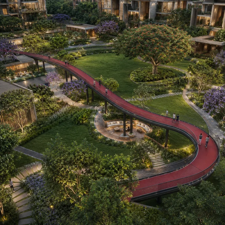 Revasa Là Valora The Arc elevated walkway curving through the landscaped central greens