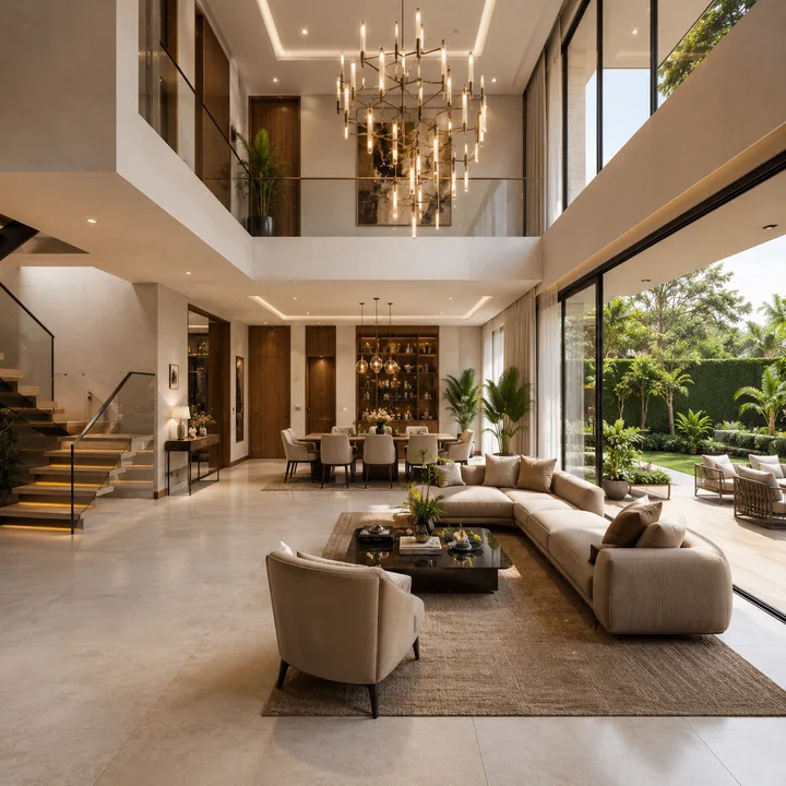 Revasa Là Valora double-height villa living and dining interior opening to the private garden