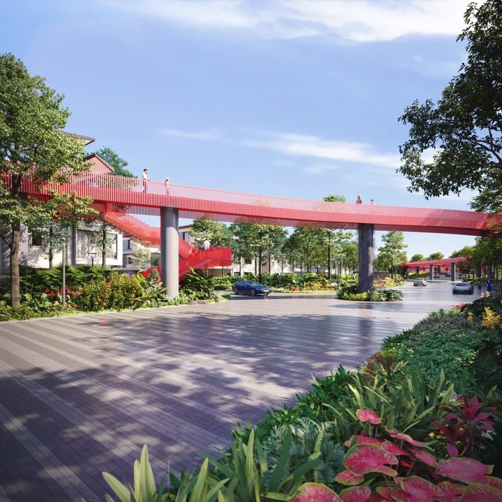 Revasa Là Valora elevated walkway bridge and staircase crossing the landscaped entrance boulevard Revasa Là Valora elevated walkway bridge and staircase crossing the landscaped entrance boulevard