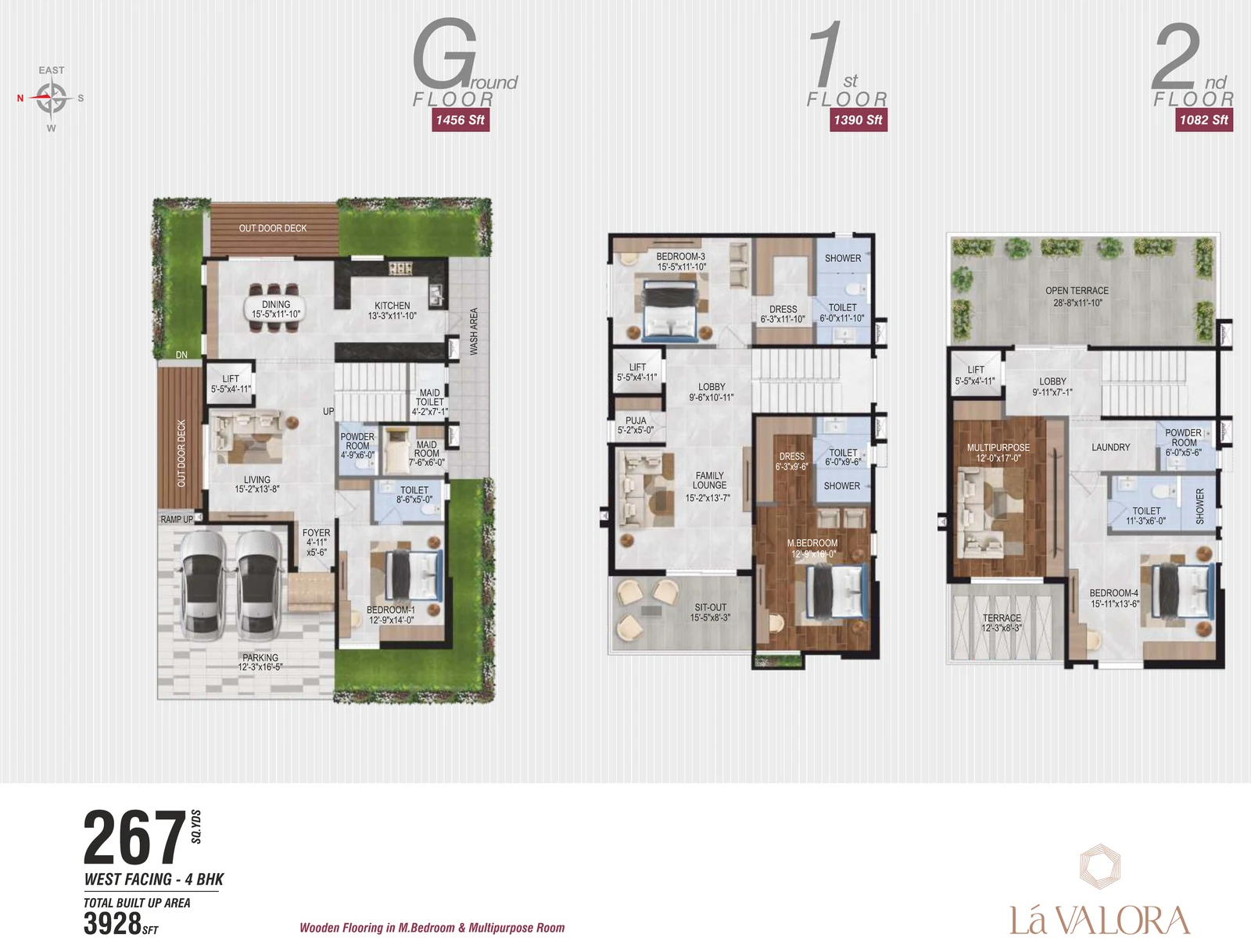 Revasa Là Valora 4 BHK villa floor plan, 267 sq yd West facing, 3,928 sq ft built-up across ground, first and second floors