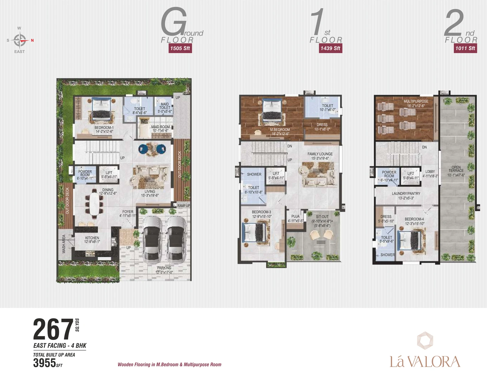 Revasa Là Valora 4 BHK villa floor plan, 267 sq yd East facing, 3,955 sq ft built-up across ground, first and second floors