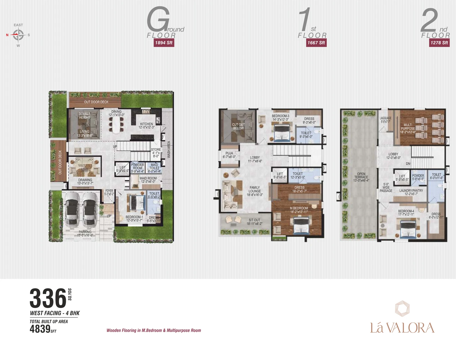 Revasa Là Valora 4 BHK villa floor plan, 336 sq yd West facing, 4,839 sq ft built-up across ground, first and second floors