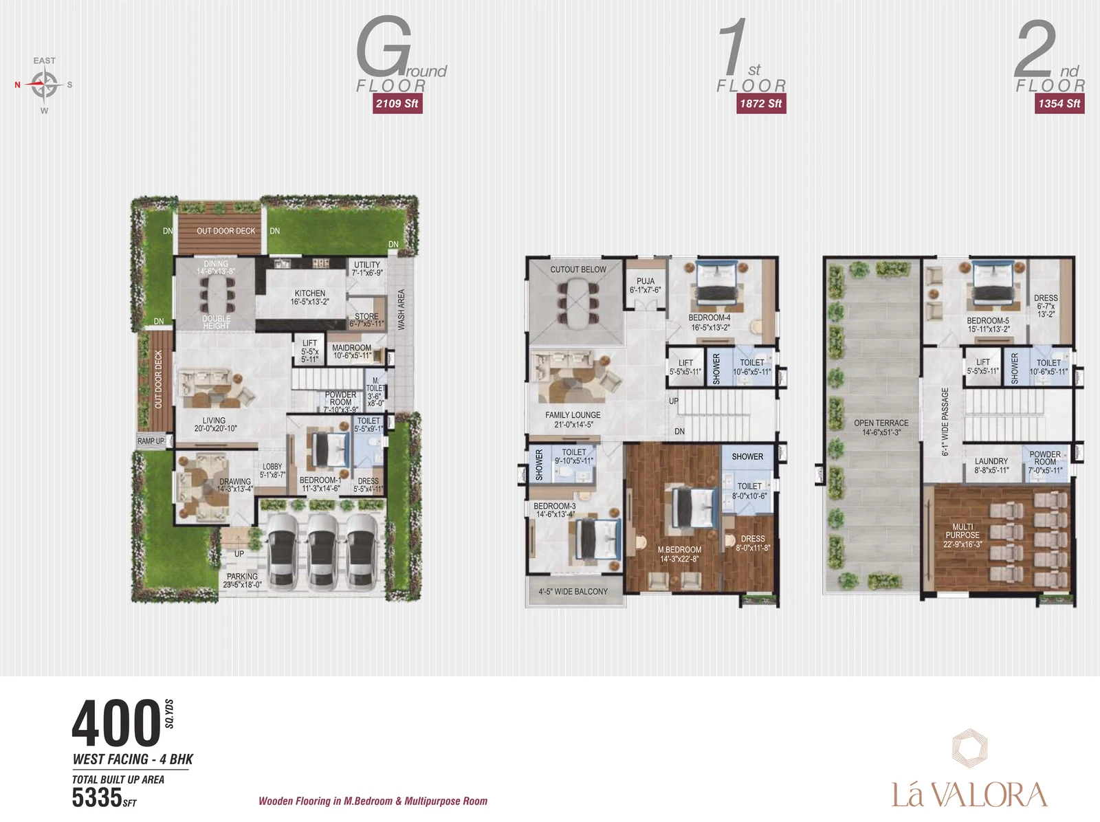 Revasa Là Valora 5 BHK villa floor plan, 400 sq yd West facing, 5,335 sq ft built-up across ground, first and second floors
