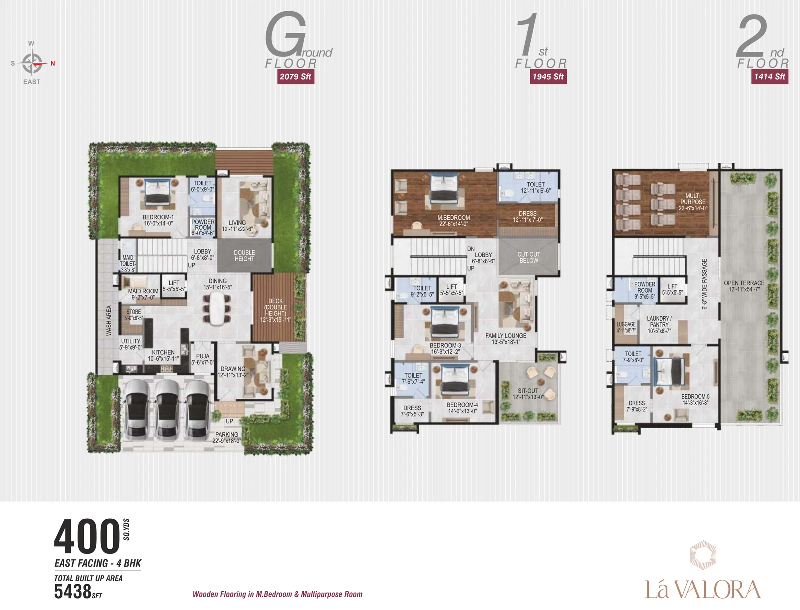 Revasa Là Valora 5 BHK villa floor plan, 400 sq yd East facing, 5,438 sq ft built-up across ground, first and second floors