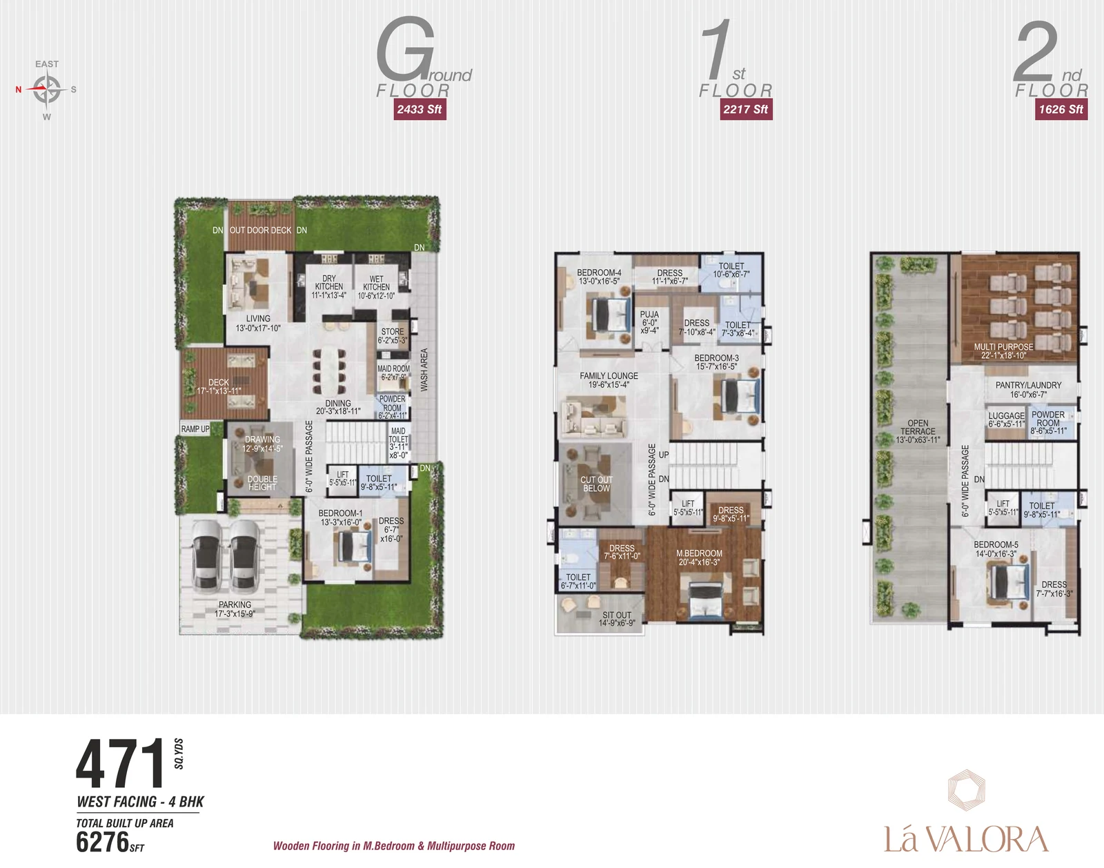 Revasa Là Valora 5 BHK villa floor plan, 471 sq yd West facing, 6,276 sq ft built-up across ground, first and second floors