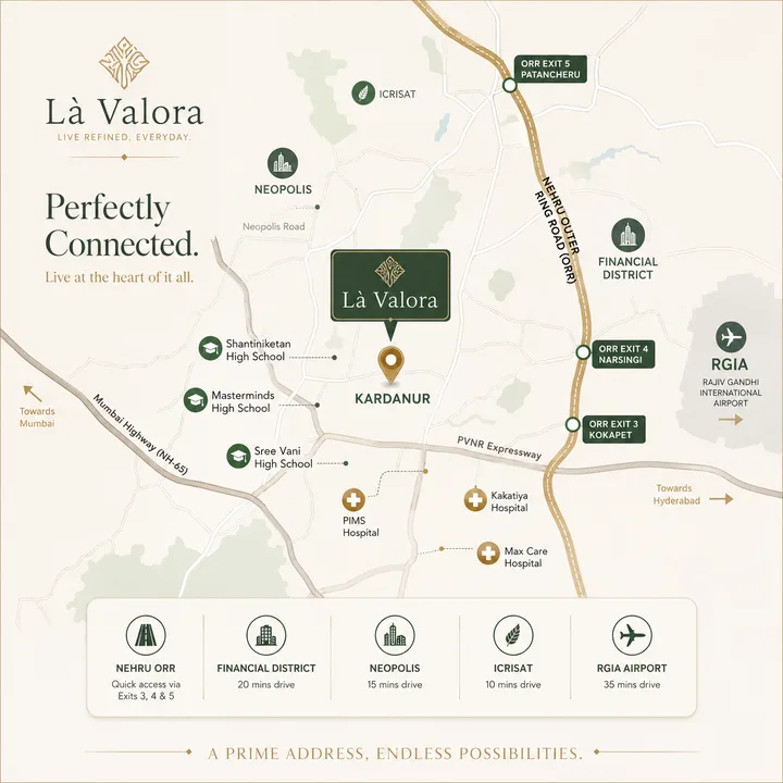 Revasa Là Valora location map showing Kardanur, the Nehru Outer Ring Road exits, the Financial District, ICRISAT, Neopolis and Rajiv Gandhi International Airport